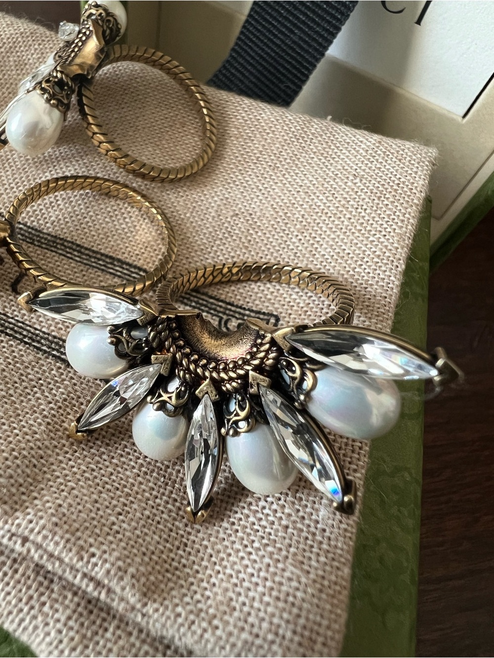 Gucci Gold-Tone Double Flower Ring with White Pearls and Crystal Marquises - Picture 8 of 10